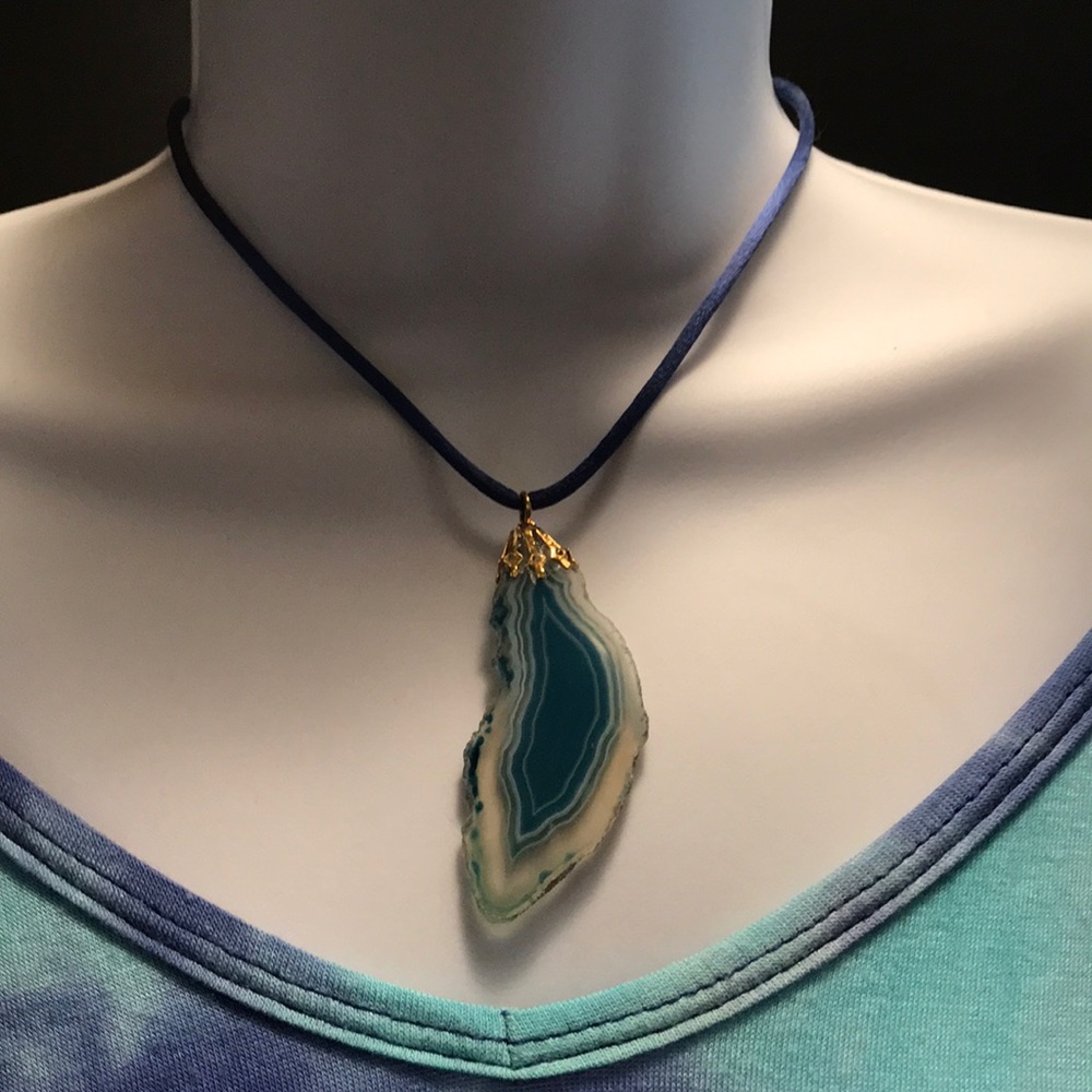 Glass Pendant on Blue Slip Cord Gold Tone Finding